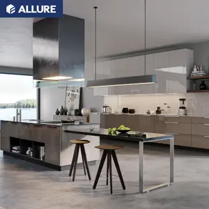 Allure petite armoire de cuisine en verre de mélamine à haute brillance avec île