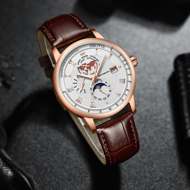 Men's New Casual Sport Automatic Stainless Steel Wristwatch Tourbillon Moon Phase Pointer Luminous 22mm Leather Business Water