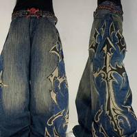 Pantalon en jean décontracté à jambes larges et droites pour hommes, vêtements de rue, fabricant, lavage vintage délavé au soleil, motif brodé 3D, empilé