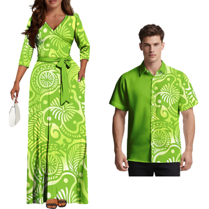 Conjunto de Pareja de Poliéster, Vestido Samoano con Cuello en V y Bolsillo, Camisas Casuales de Estilo Polinesio, Estampado Tropical Hawaiano, Personalizado, Unisex, Verano - Product Image 1
