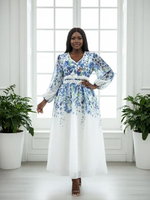Robe longue en mousseline de soie à fleurs, coupe trapèze, 100% polyester, col en V, manches lanternes, élégante pour les soirées et occasions spéciales, 135 cm
