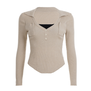 เสื้อถักไหมพรมคอปกหวาน แขนสั้น สไตล์ Y2K แต่งกระเป๋าสีสันตัดกัน สำหรับผู้หญิง - Product Image 6