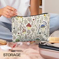 Sac de maquillage vintage coloré motif champignon, trousse de toilette bohème à fermeture éclair, pochette cosmétique florale bleue pour femme, cadeau