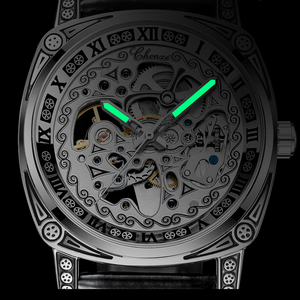 Montre mécanique vintage sculptée avec logo personnalisé pour hommes 30M étanche et lumineux bracelet en cuir véritable/acier inoxydable - Product Image 3