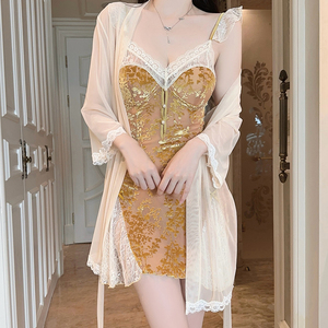 Женская соблазнительская Пижама, 5960 кружевная отделка с подкладками для бюстгальтера, бархатная ночная рубашка, кимоно, комплект домашней одежды - Product Image 1