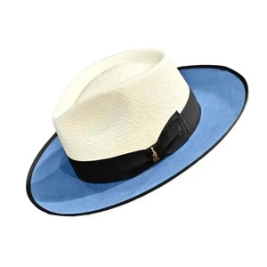 Two Tone Paper <b>Straw</b> <b>Fedora</b> Hat With Black Ribbon Band Sunshade Wide Brim Beach Hat for Women - Product Image 1