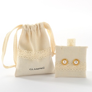 Pochette en coton et lin avec cordon de serrage, style artisanal, garniture en dentelle, réutilisable, pour cadeaux et bijoux, Glampkg - Product Image 1