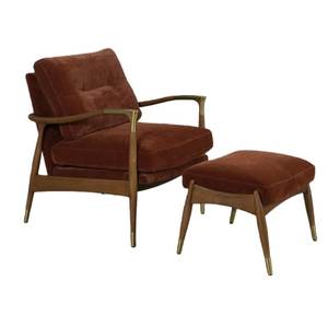 Fauteuil d'appoint moderne du milieu du siècle avec repose-pieds, structure en bois massif, revêtement en velours, mousse haute densité, vente en gros - Product Image 1