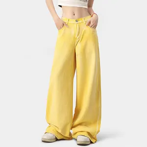 Custom 2023 Summer Women Fashion Vintage Yellow Low Waist Jeans Wide Leg Baggy Denim Pant