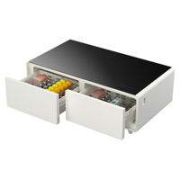 Table basse couleur marron avec réfrigérateur intégré pour vin et bière, 2 tiroirs réfrigérants, ports de charge USB et haut-parleur musical