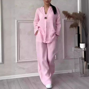 Women's Cotton <b>Linen</b> <b>Set</b> Loose Tops Wide Leg Pants Solid Color Casual Suit S M L XL XXL 3XL 4XL 5XL Europe And America Style - Product Image 1