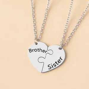 Ensemble de 2 colliers tendance en acier inoxydable avec pendentif cœur puzzle pour frère et sœur, bijoux de famille, cadeaux - Product Image 1