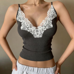 Top court en maille respirante Pure Desire, écologique, pour femmes, décolleté en V profond, bordure en dentelle, camisole bustier pour superposition - Product Image 4