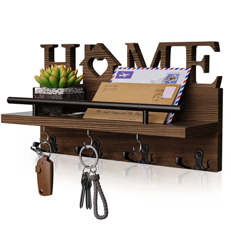 Rustic home decor multifunctional mail sorter organizer coat hook door back key holder wood hook wall for entryway
