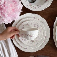 Vaisselle en céramique de style français romantique Eden Garden, assiettes à bordure dentelée, assiettes à dessert, tasses à café, assiettes profondes, ovales
