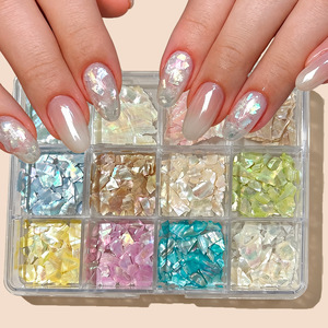 Boîte de 12 couleurs de paillettes ultra-fines irisées irrégulières en nacre pour décorations d'ongles DIY pour salon de manucure - Product Image 1