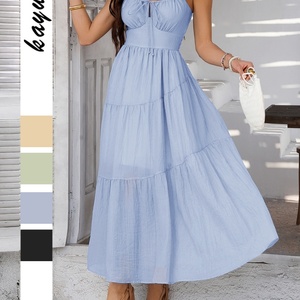 Vestido de tirantes sin tirantes de cintura alta para mujer 2025, estilo informal de Color sólido para vacaciones de primavera y verano, Frente teñido liso europeo - Product Image 6