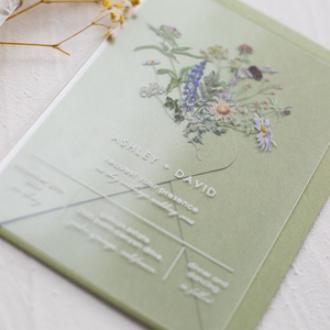 การ์ดเชิญงานแต่งงานอะคริลิกใสลายดอกไม้ธรรมชาติเรียบง่าย พร้อมซองใส่กระดาษเวลลัมพิมพ์ลายและซองจดหมาย ดีไซน์หรูหราทันสมัย สำหรับ<span class=keywords><strong>คน</strong></span>พิเศษ - Product Image 1