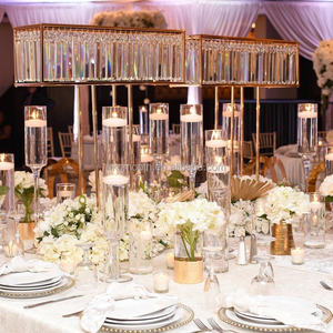 Support de table de mariage en or lisse avec perles de cristal, plateau rectangulaire, centre de table floral pour la décoration de réception de mariage - Product Image 6