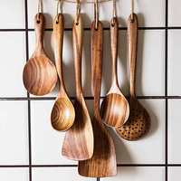 Penjualan paling laris kayu jati alami 5 buah Set peralatan memasak kayu dapur dengan Spatula