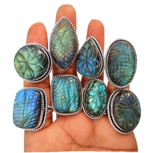 Natural <b>Labradorite</b> Gemstone <b>Rings</b> Unisex Silver Plated Brass Bezel Setting Classic Boho Hippe Chunky Gift - Product Image 1