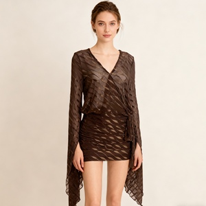 Vestidos de Moda para Mujer, Novedad de Otoño, Color Sólido, Malla Ondulada, Mangas Cruzadas, Manga Larga, Espalda Descubierta - Product Image 3