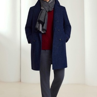 Manteau long pour homme en laine à double boutonnage, coupe ajustée, avec extérieur en cuir véritable, respirant, motif chevron rétro et boutons décoratifs