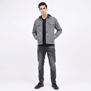 Vintage Washed Coated Denim Jacket Men's Hooded Stand Collar Front Logo Breathable 100% Cotton Plus Size Loose Fit Autumn Made - Product Image 1