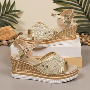 Sandales compensées en maille à sequins pour femmes, style européen et américain, nouvelle collection été, à semelle épaisse et bout ouvert, style romain - Product Image 2