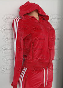 Chándal de terciopelo a rayas de <span class=keywords><strong>color</strong></span> con logotipo personalizado, traje de jogging de otoño, chándal de mujer, chaqueta de terciopelo <span class=keywords><strong>rojo</strong></span> y conjunto de pantalones de dos piezas para correr - Product Image 4