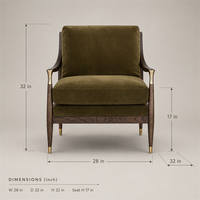 Fauteuil en velours vert olive de style moderne du milieu du siècle, avec structure en bois et finitions en laiton, pour salon, chambre ou coin lecture