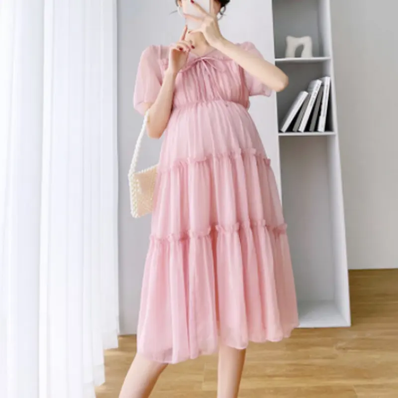 Summer Hot Sale New Lace Stitching Sweet Beauty Chiffon Round Neck Short Sleeve Dress Harajuku Fashion Mater Maternity Dresses