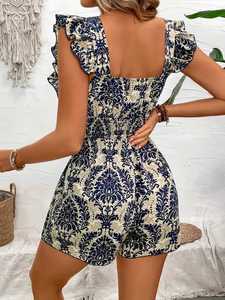 Mameluco de cuello cuadrado con estampado Floral, <span class=keywords><strong>mono</strong></span> elegante sin espalda, manga flutter, cintura fruncida, <span class=keywords><strong>mono</strong></span> de verano para mujer - Product Image 3