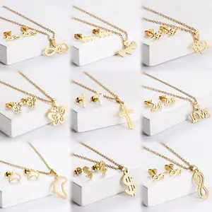 Gratis sampel Set perhiasan Fashion wanita minimalis 18k baja tahan karat emas hati kupu-kupu kalung dan Anting Set untuk hadiah