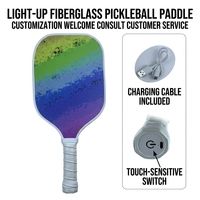Nouvelle pagaie de pickleball en fibre de verre lumineuse LED quatre couleurs rechargeable 410x200mm 10,5mm d'épaisseur motif personnalisé