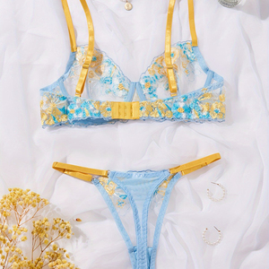 New Style <strong>Yellow</strong> and Blue Color-blocked Fresh French Sexy Comfortable Ultra-thin <strong>Bra</strong> and Lingerie Set - Product Image 5