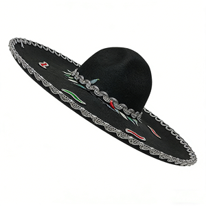 Sombrero Mexicano de Ala Ancha Negro con Ribete Plateado, Sombrero para Fiestas y Festivales, Unisex para Adultos, Tejido, para las Cuatro Estaciones, Decorativo - Product Image 4