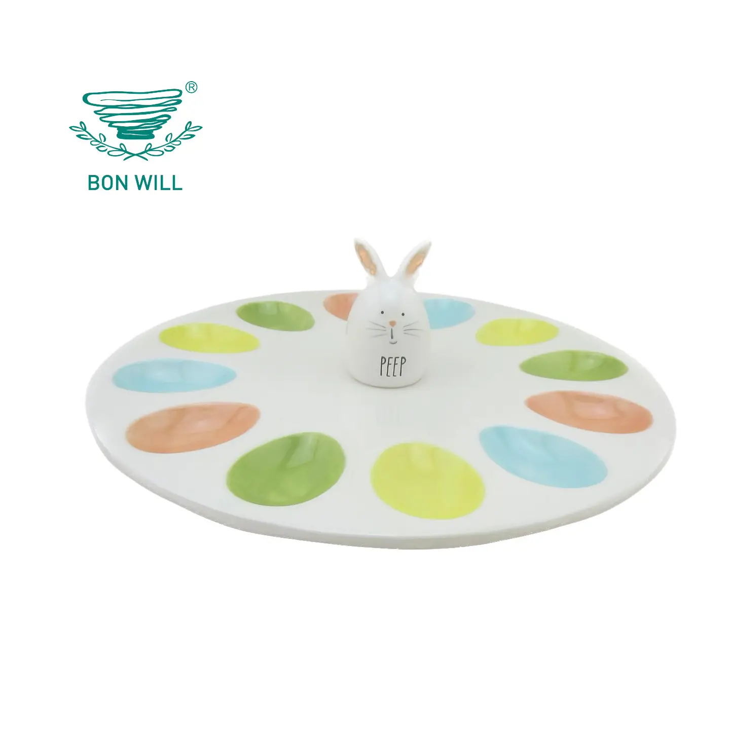 Bonwill Macaron Bunny Handgeschilderde Keramische Eierplaat Voor Paasdecoratie En Cadeau