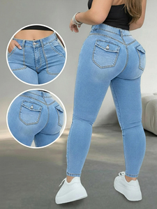 Jeans de mezclilla elásticos de cintura alta ajustados de talla grande para mujer, pantalones casuales de primavera con bolsillos con cremallera y botones, estilo urbano. - Product Image 1