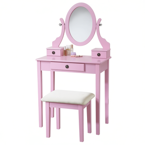 Table de maquillage rose DB Moniys avec miroir et tabouret, design moderne pour chambre à coucher, en bois MDF - Product Image 1