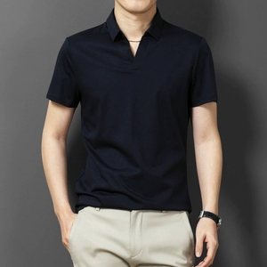 T-shirts d'été personnalisés pour hommes, tricotés à manches courtes, style <span class=keywords><strong>polo</strong></span> à col rabattu, couleur unie, basique simple, vente en gros - Product Image 3