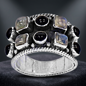 Bague en argent 925 Art Palace avec pierres d'onyx noir serties en clos, forme couronne vintage, bijoux unisexe - Product Image 3