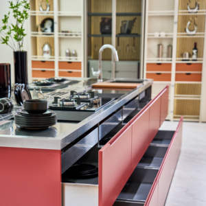 Armadi da <span class=keywords><strong>cucina</strong></span> di lusso rosso lucido alto con isola 304 <span class=keywords><strong>cucina</strong></span> in acciaio inox controsoffitto con isola Design Cabinet - Product Image 1