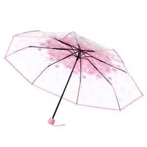 Mode Bloem Print Anti-Uv Zon Regen Paraplu Transparant Clear Kersenbloesem Sakura 3 Fold Paraplu Voor Meisjes Vrouw