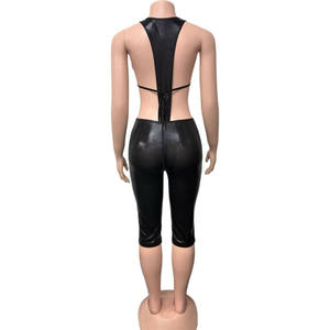 Seksi kadınlar 2 parça Set Halter ipeksi Hollow seksi Backless kolsuz Bodysuit + kapri pantolonlar eşleştirme Clubwear - Product Image 5
