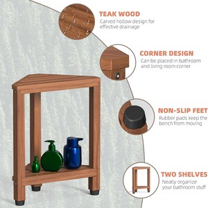 Tabouret de douche triangulaire en teck massif avec étagère de rangement, repose-pieds imperméable et antidérapant pour salle de bain, douche, toilettes, balcon - Product Image 4