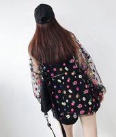 2024 nouvelle mode femmes noir en mousseline de soie Sexy Blouse filles Transparent maille Floral brodé Blouse
