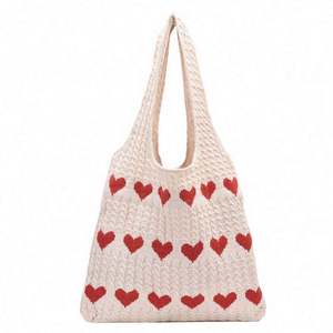 Bolso Tote Tejido Estilo Boho Chic con Patrón de Corazones, Bolso de Hombro de Ganchillo para Chicas - Product Image 2