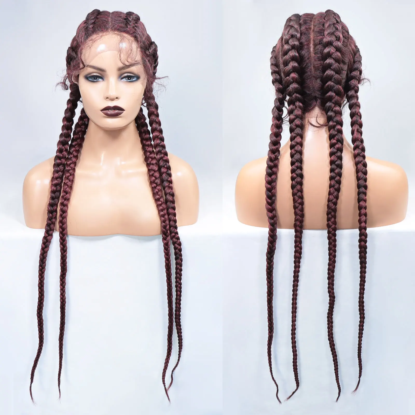 Synthetic Dutch Braids Wigs With Baby Hair African American Burgundy Lace Wig 4 Long Box Braided 360 Lace Wigs For Black Women