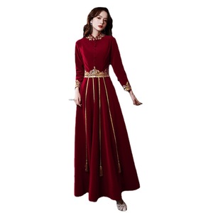 Velvet Chinese Style Wedding Dress Claret Long Sleeve Embroidered Evening Gown For Brides Engagement Party Spring Toasting - Product Image 5